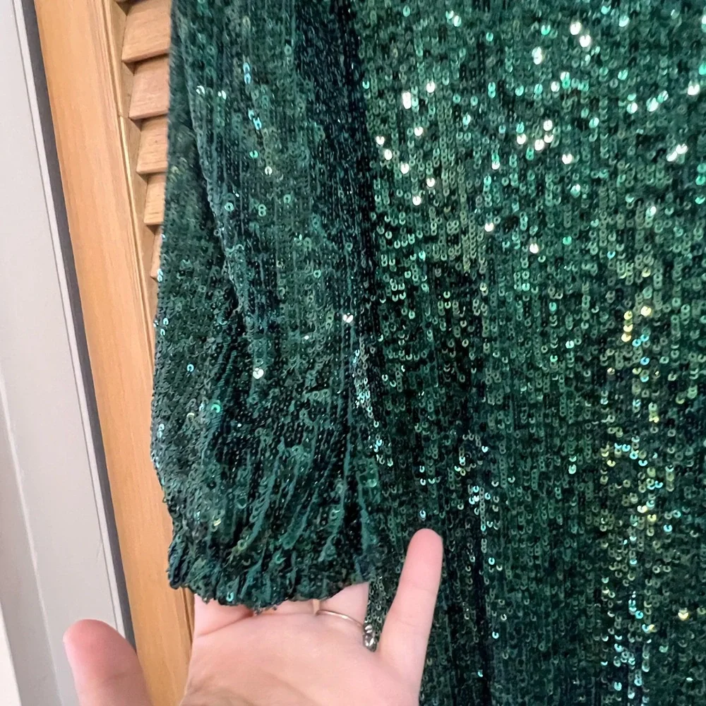 Xscape Dark Green Sequin Long Sleeve Gown sz 4 NWT - Picture 7 of 13